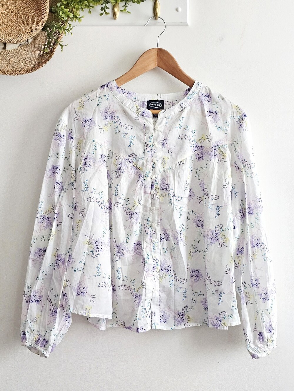 SCOOP Flowy Blouson Top M Floral 100% Cotton Button Front NWT